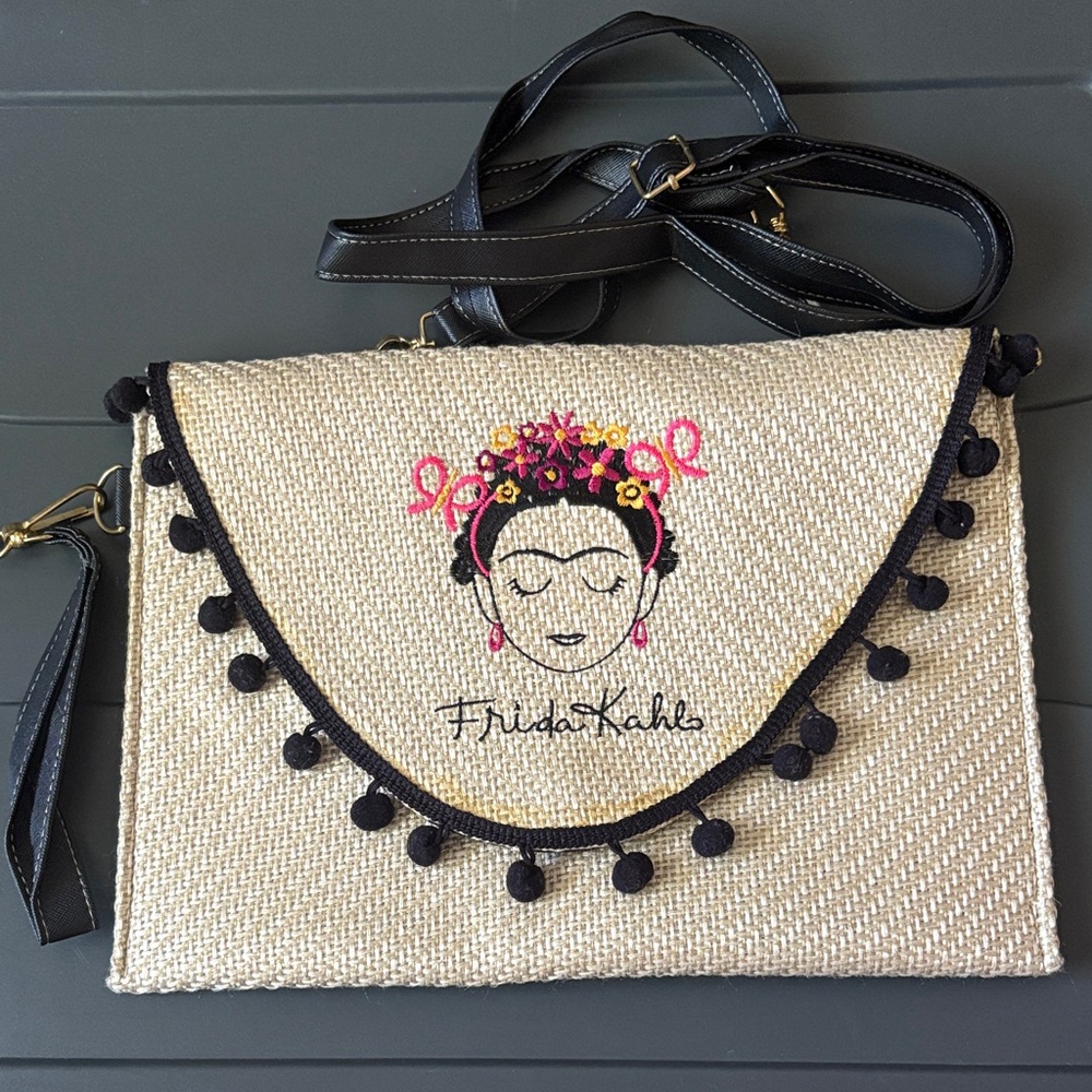 Frida Kahlo Embroidered Straw Crossbody Bag in Natural